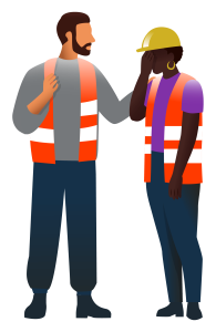 A man in a gray shirt supports a distressed woman in safety gear, offering comfort during a tough moment.