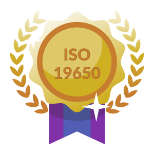 A gold medal with the text "ISO 19650" at the center, surrounded by laurel leaves and a colourful ribbon at the bottom.
