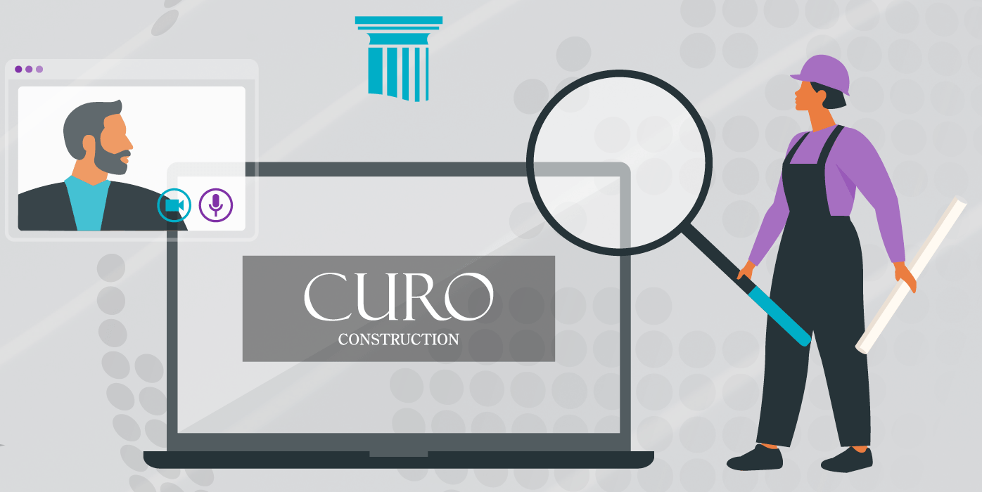 Illustration of a woman in construction attire examining a laptop with 