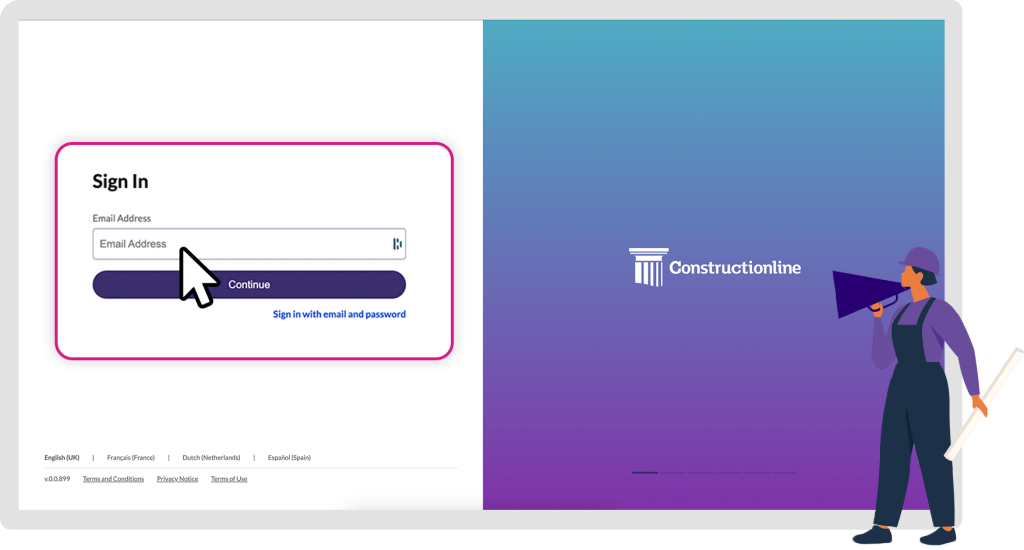 Login interface for Constructionline, featuring an email input field and a person with a megaphone on the right.