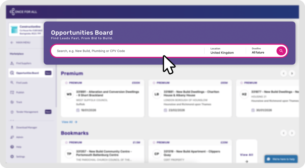 A user interface displaying an "Opportunities Board" with search fields for project type, location, and deadline, highlighting UK listings.