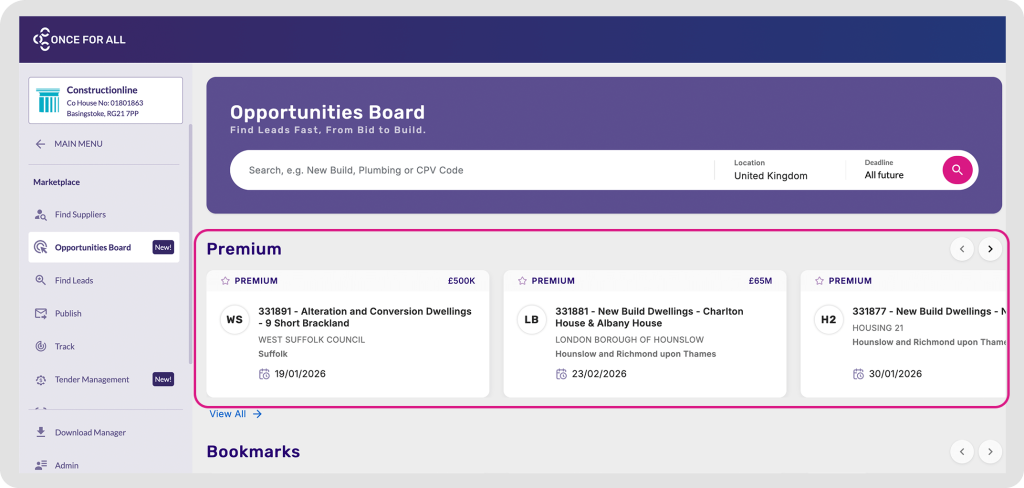 Screenshot of an online Opportunities Board displaying premium construction projects with details including titles, costs, locations, and deadlines.