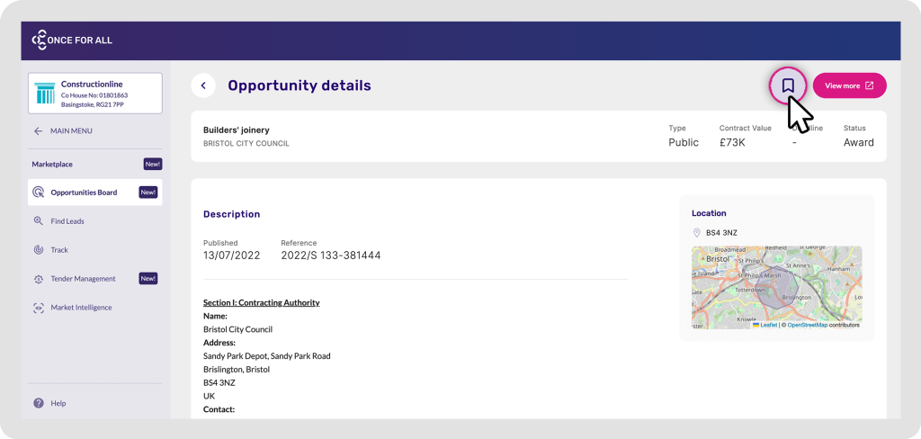 Screenshot of a construction opportunity detail page, listing a builders' joinery project by Bristol City Council with contract value of £73K.
