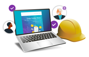 Illustration of a laptop displaying a guide on the Procurement Act, accompanied by diverse characters and a construction helmet.