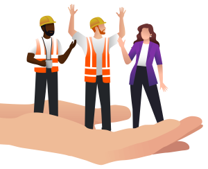 Illustration of three professionals, two in safety gear and one in business attire, standing on a large hand, symbolising support and teamwork.