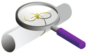 A magnifying glass examining a rolled document with a golden thread looped around it, symbolising scrutiny or investigation.