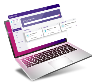 A laptop illustration showing an "Opportunities board" website with premium job listings.