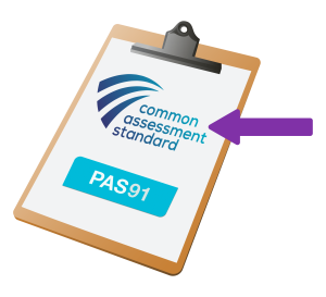 Clipboard with the text "common assessment standard" and "PAS91," highlighted by an arrow, indicating a formal assessment guideline.