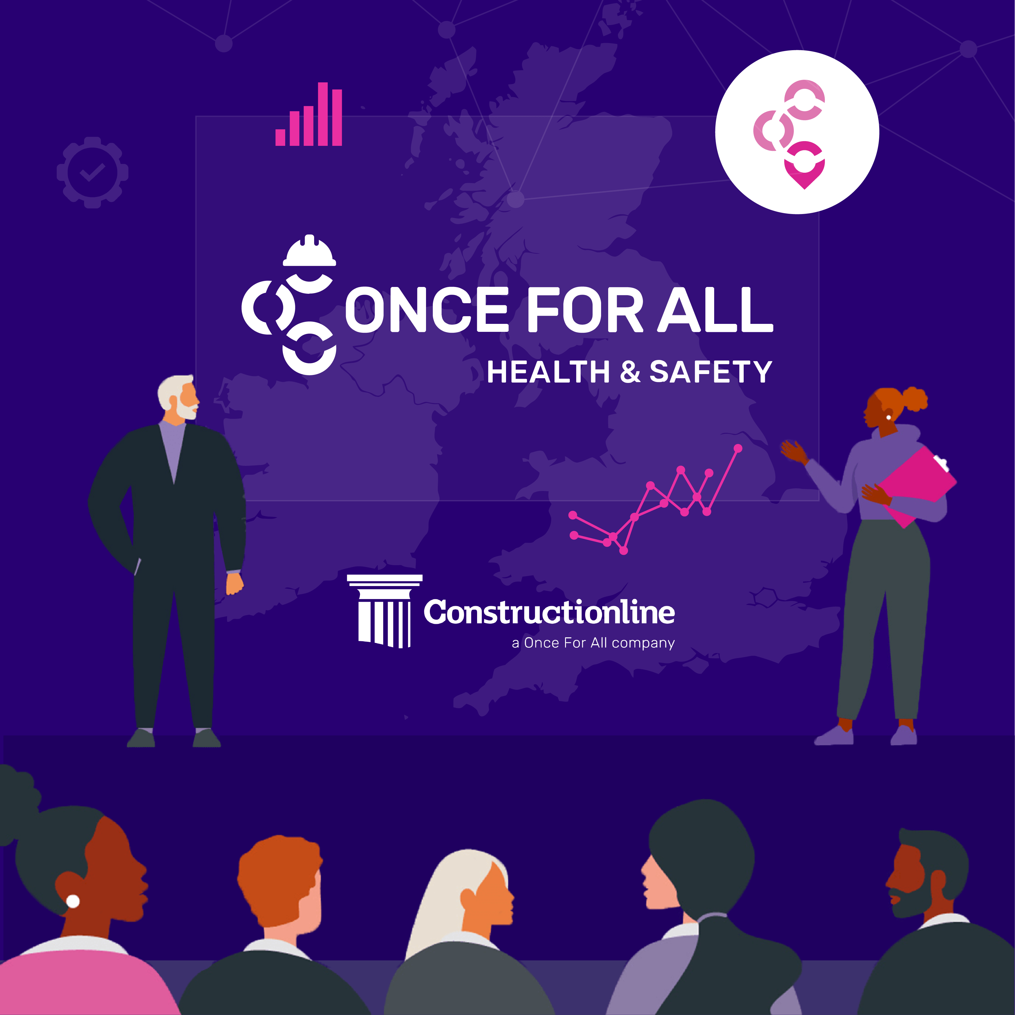 A presentation scene featuring a map of the UK, emphasising health and safety in construction, with illustrated presenters and an audience.