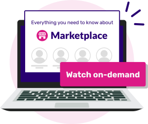 A laptop displays "Everything you need to know about Marketplace" with a "Watch on-demand" button, set against a vibrant background.