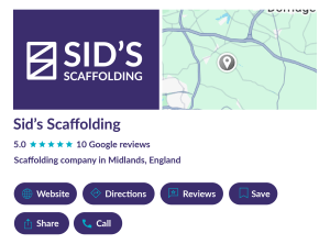 Logo and information for Sid's Scaffolding, a 5-star rated company in the Midlands, offering scaffolding services.