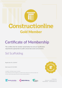 Certificate of Membership for Sid Scaffolding, recognizing Gold Member status with Constructionline, issued on 23/12/2025.