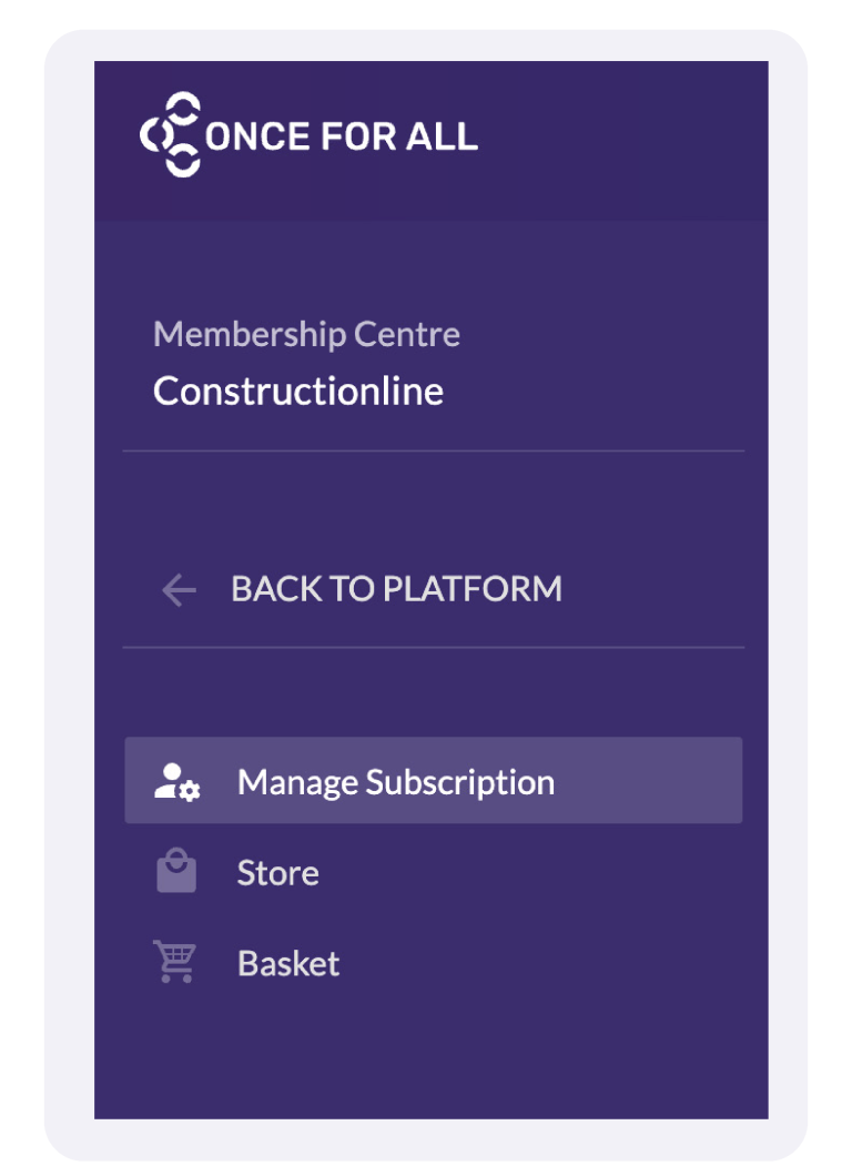 Sidebar interface for a membership center titled "Constructionline," featuring options to manage subscription, visit store, and view basket.