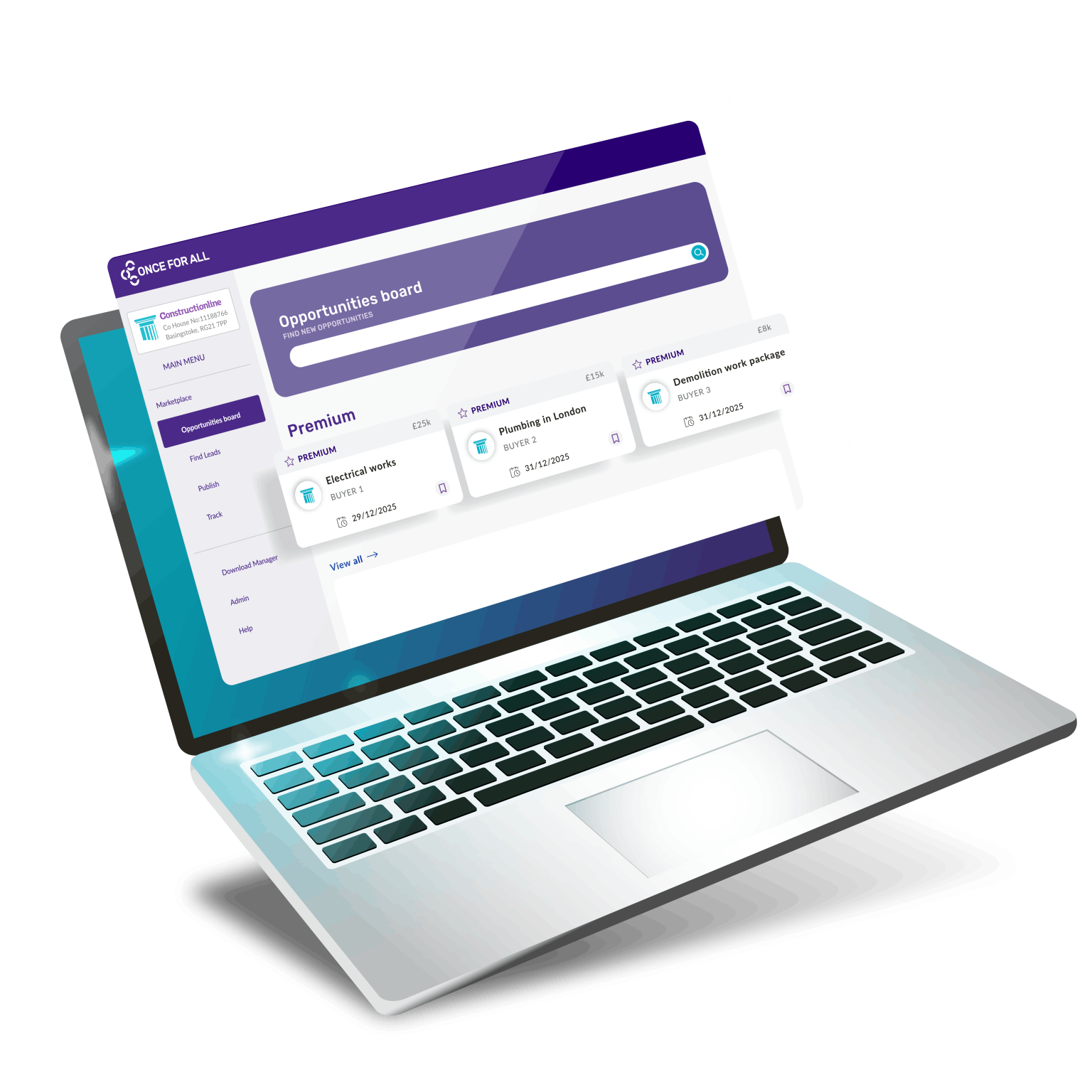 A laptop displaying a digital "Opportunities board" interface, featuring listings for various premium construction jobs and projects.