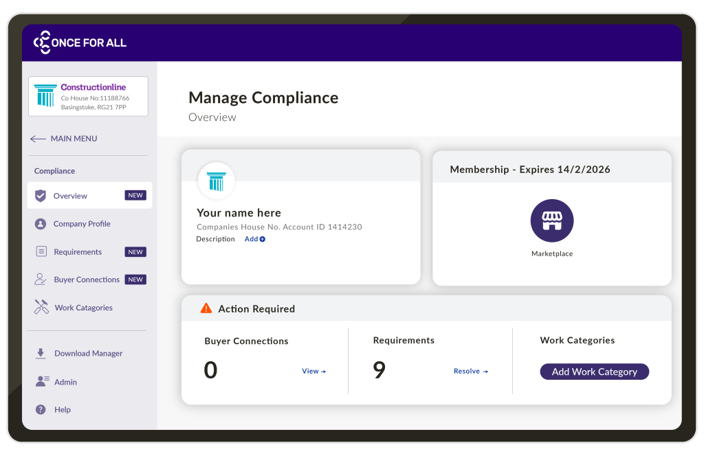Dashboard view of a compliance management interface, displaying membership details, action items, and account information.