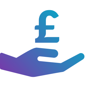 A stylised hand graphic in gradient colors holds a pound sterling symbol above it, symbolising financial support or money management.
