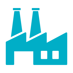 A simplified blue factory icon featuring two smokestacks and a building structure with windows.