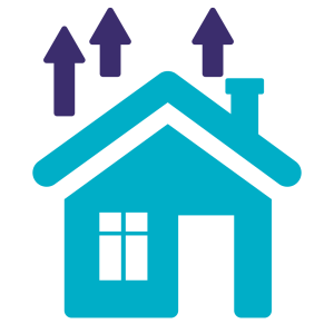 A stylized turquoise house icon with a chimney and three upward-pointing purple arrows above it, symbolising growth or progress.