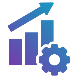 An upward arrow alongside three bar graphs and a gear symbol, representing growth and progress in business or technology.