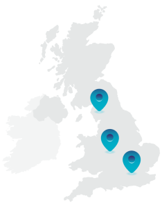 Map of the UK marked with three blue location pins, indicating specific points within England and Scotland.