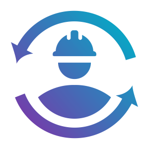 Icon depicting three stylised figures with a heart symbol above, symbolising community and connection. Color gradient in shades of blue and purple.