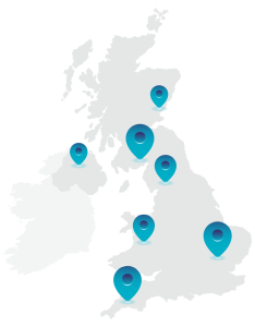Map of the UK with several location markers highlighted across England, Scotland, Wales, and Northern Ireland.