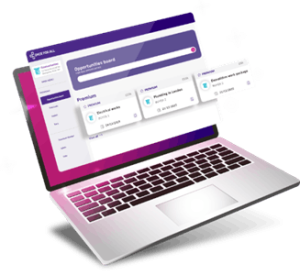 A laptop displaying a digital opportunities board with categorised listings for various tasks and premium options, set against a vibrant background.