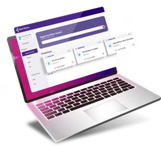 A laptop displaying a digital opportunities board with categorised listings for various tasks and premium options, set against a vibrant background.