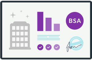 Graphic featuring a building icon, bar chart, checkmarks, and the text "BSA," alongside a signature illustration.