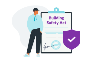 A person stands beside a document titled 'Building Safety Act' with a verification shield, symbolising safety regulations.