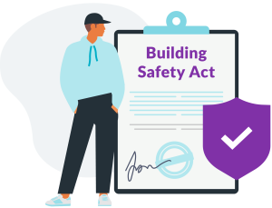 A person stands beside a document titled "Building Safety Act" with a verification shield, symbolising safety regulations.