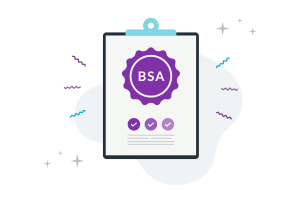 A stylised certificate with a purple BSA seal, featuring three checkmarks and decorative elements, set against a dark background.