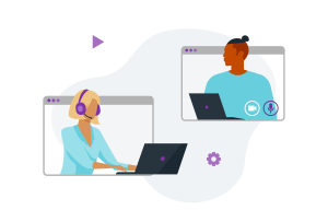 Two individuals in video call frames; one wears a headset while typing, the other looks on with a laptop, engaging in conversation.