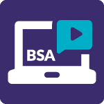 Logo featuring a laptop with a speech bubble and play icon, accompanied by the letters "BSA" on a purple background.