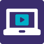 Icon of a laptop with a play button on the screen, set against a purple background.