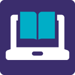 Icon of an open book displayed on a laptop, set against a purple background, symbolising digital reading or e-learning.