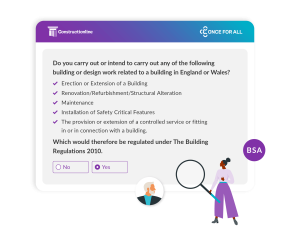 A form asking if a business performs building-related work in England or Wales, with checklist options and Yes/No response buttons.