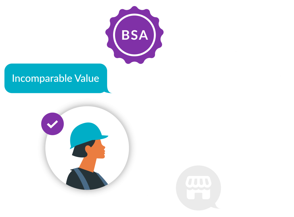 Graphic illustrating concepts of value, standards, and industry engagement with icons like a person, pillars, and a badge labeled "BSA."