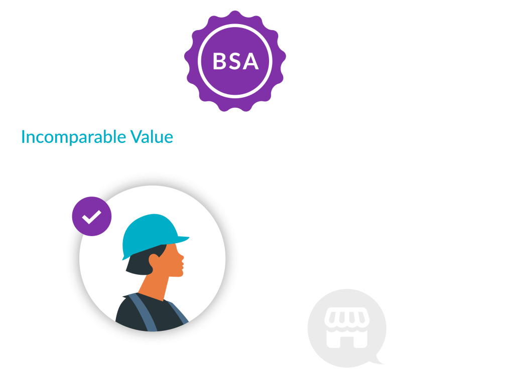 Graphic illustrating concepts of value, standards, and industry engagement with icons like a person, pillars, and a badge labeled "BSA."