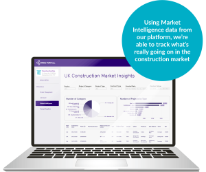 A laptop displays the UK Construction Market Insights dashboard, highlighting key data on projects and market trends for analysis.