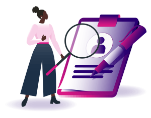 Graphic of a woman with magnifying glass examining a profile on a clipboard