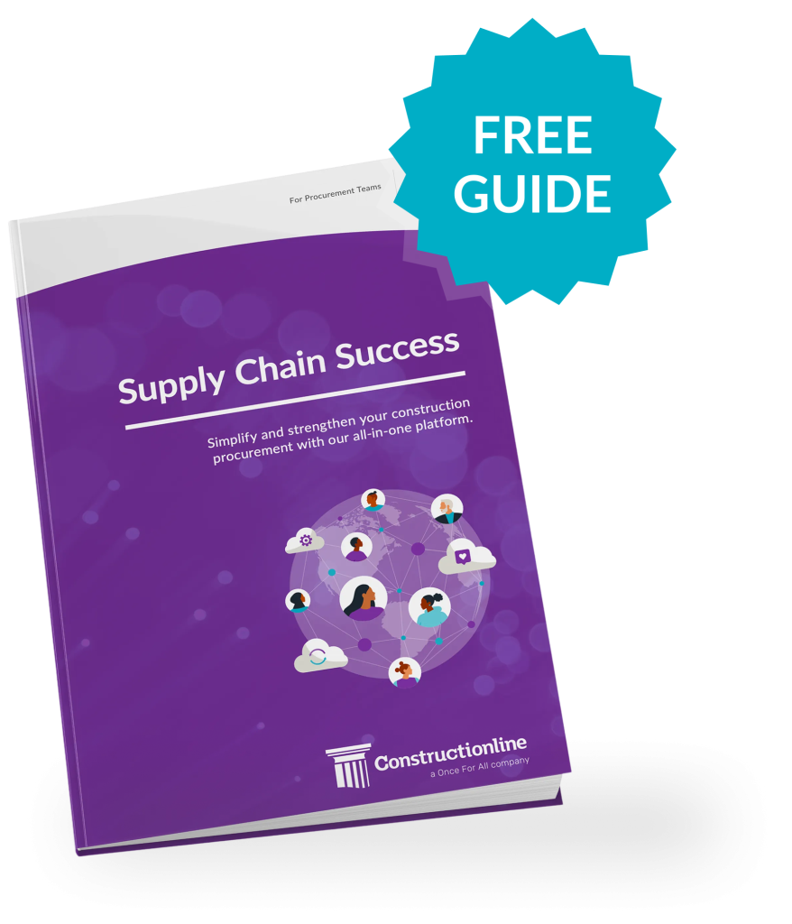 Free guide cover for the Constructionline Supply Chain Success guide, featuring illustrated professionals and a purple booklet design