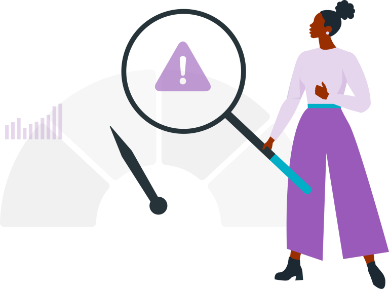 Risk Radar Person with maginifiying glass looking at a warning symbol on a radar scale