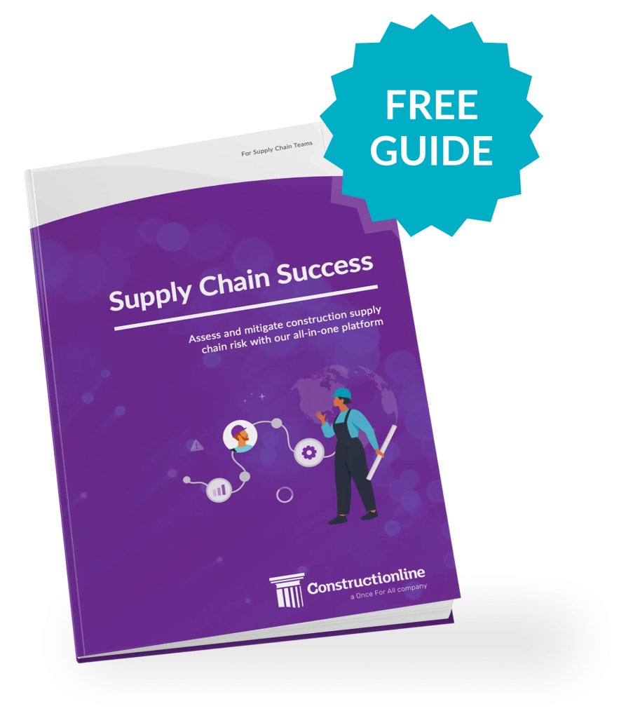 Free guide cover for the Constructionline Supply Chain Success guide, featuring illustrated professionals and a purple booklet design