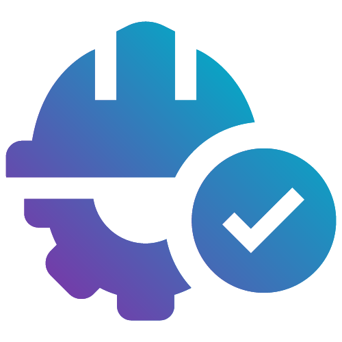 Icon of a construction hard hat combined with a gear symbol, shown in a blue-to-purple gradient, with a circular checkmark on the right