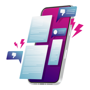 Smartphone screen displaying multiple message bubbles, including thumbs-down icons and alert symbols indicating negative feedback or criticism.