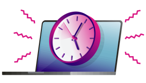 Illustration of a laptop with a large clock on its screen and pink zigzag lines indicating an alert or alarm.