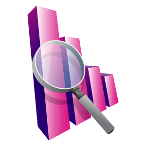 cartoon pink 3d bar chart with magnifying glass inspecting 