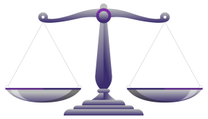Illustration of a purple balance scale with two empty pans hanging evenly, symbolising fairness and justice.