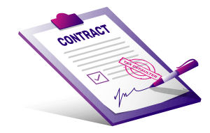 Clipboard holding a contract with a "Tax Defaulter" stamp and a pen signing the document.